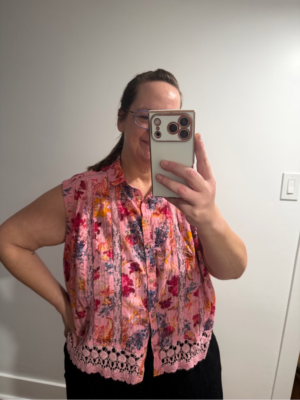 Anthropologie Pilcro Pink Floral Sleeveless Button-Up Blouse in 1X